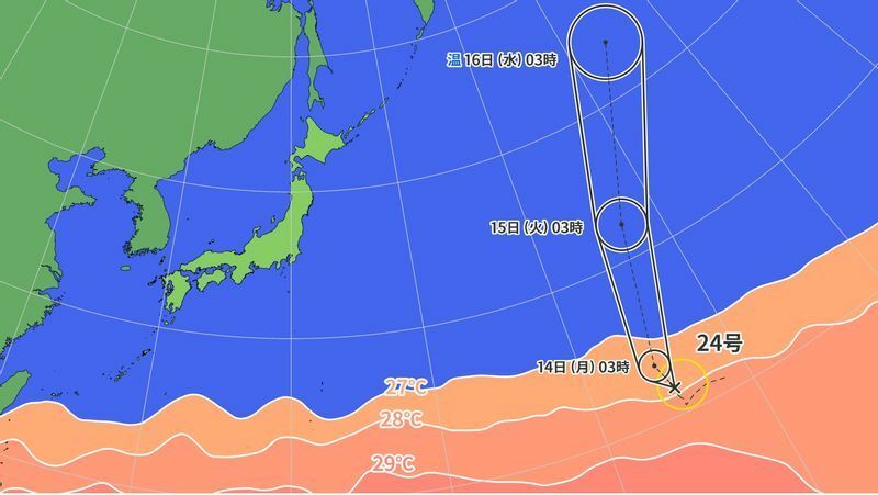 図1　台風24号の進路予報と海面水温（11月13日3時）