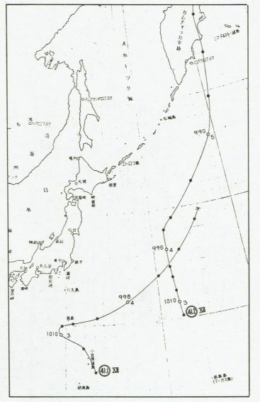図4　小数点のついた台風番号の台風の経路（昭和25年（1950年）の台風40.1号と台風40.2号）