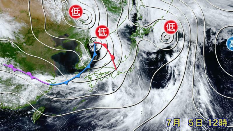図1　日本海にある前線を伴った低気圧の雲（7月5日12時）