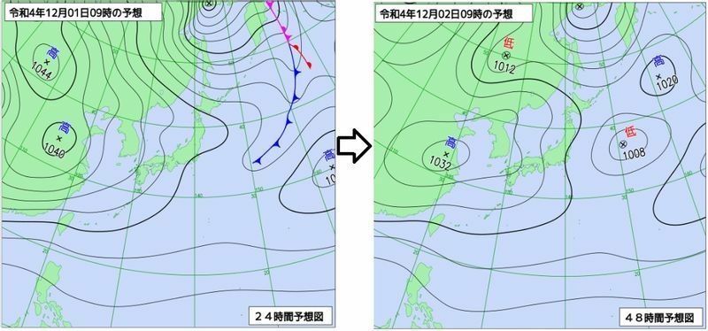 図2　予想天気図（左は12月1日の予想、右は12月2日9時の予想）