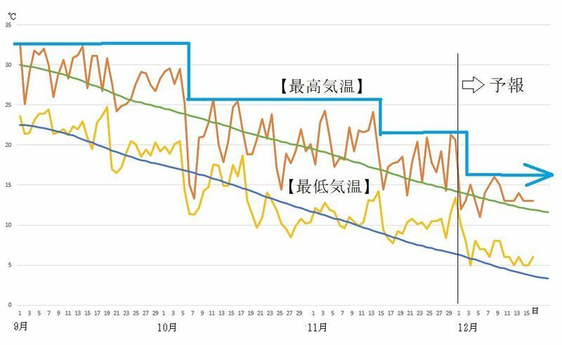 図7　東京の最高気温と最低気温の推移（12月1日～7日は気象庁、12月8日～16日はウェザーマップの予報）