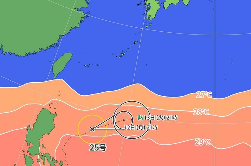 図6　 台風25号の進路予報と海面水温（12月11日21時）