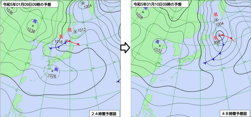 図1　予想天気図（左は1月9日9時の予想、右は1月10日9時の予想）