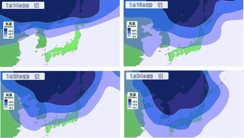 図5　次々に南下する上空約1500mの寒気（左上は1月14日夜、右上は16日夜、左下は20日夜、右下は24日夜）