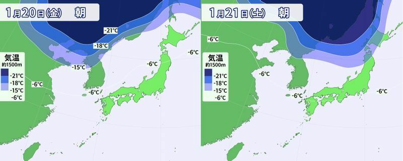 図3　上空約1500メートルの気温分布予想（左は1月20日9時、右は21日9時の予想）