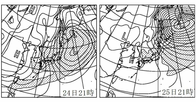 図3　専門家向け予想天気図（左は1月24日21時の予想、右は25日21時の予想で、ともに網掛けは降水域）