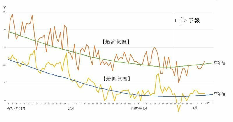 図9　東京の最高気温と最低気温の推移（1月23日～29日は気象庁、1月30日以降はウェザーマップの予報）
