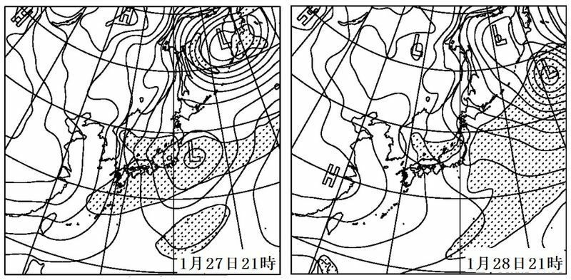 図5　専門家向け予想天気図（左は1月27日21時の予想、右は28日21時の予想でハッチは降水域）