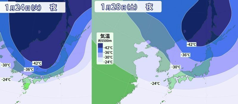 図4　上空約5500メートルの気温分布（左は1月24日夜の実況、右は1月28日夜の予報）