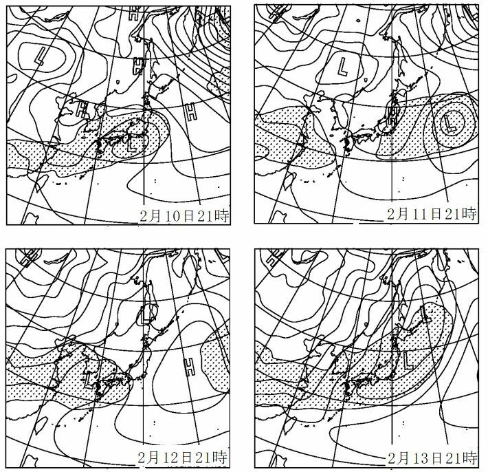 図7　専門家向け地上天気図による2月10日（金）と13日（月）の南岸低気圧（網掛けは降水域）