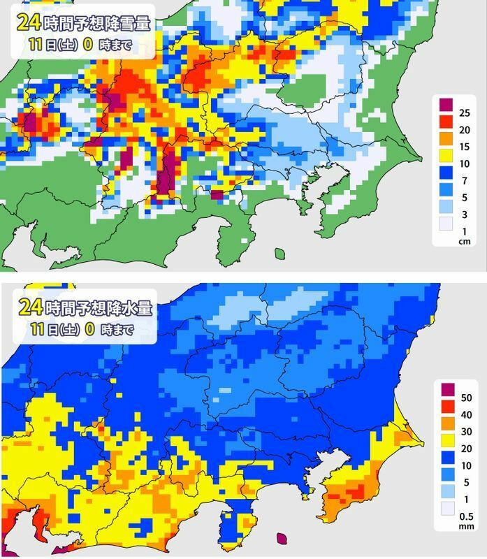 図8　関東の24時間予想降雪量（上）と24時間予想降水量（下）（いずれも2月10日0時～24時）