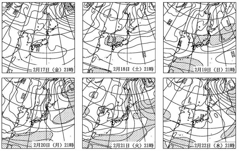 図4　専門家向け予想天気図（2月17日（金）21時～22日（水）21時、陰影はまとまった降水域）