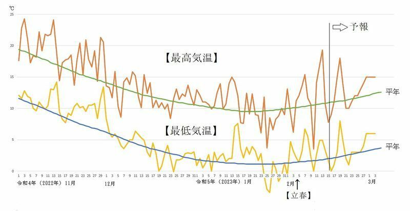 図5　東京の最高気温と最低気温の推移（2月16日～22日は気象庁、2月23日以降はウェザーマップの予報）