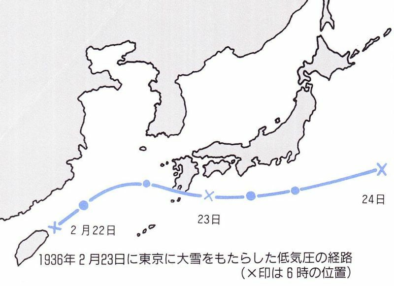 図1　昭和11年（1936年）2月に東京に大雪をもたらした低気圧の経路（バツ印は６時の位置）