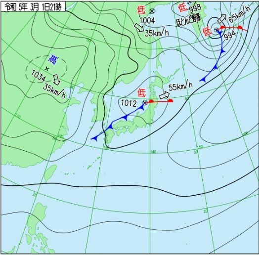 図1　地上天気図（3月1日21時）