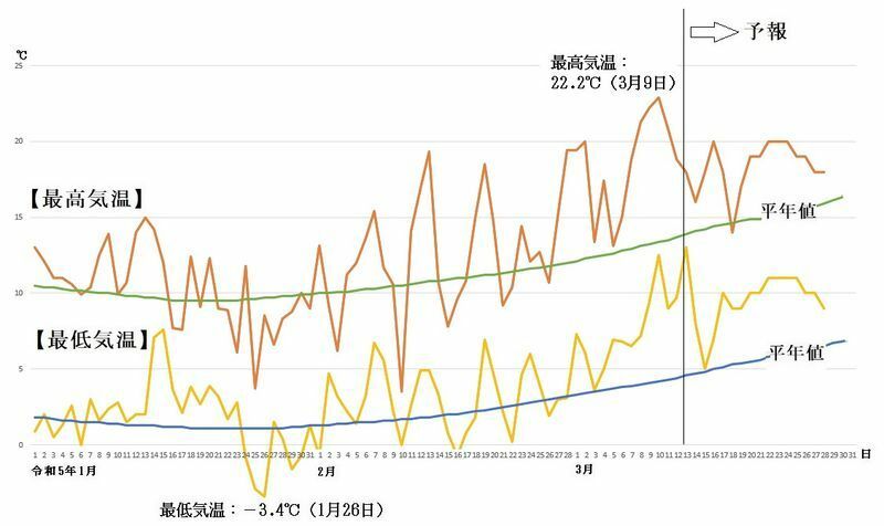 図3　東京の最高気温と最低気温の推移（3月13日～19日は気象庁、3月20日～28日はウェザーマップの予報）