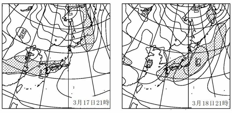 図4　専門家向け予想天気図（左が3月17日21時、右が18日21時で、ともに陰影はまとまった雨の領域）