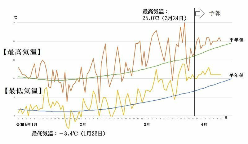 図3　東京の最高気温と最低気温の推移（3月27日～4月2日は気象庁、4月3日～11日はウェザーマップの予報）