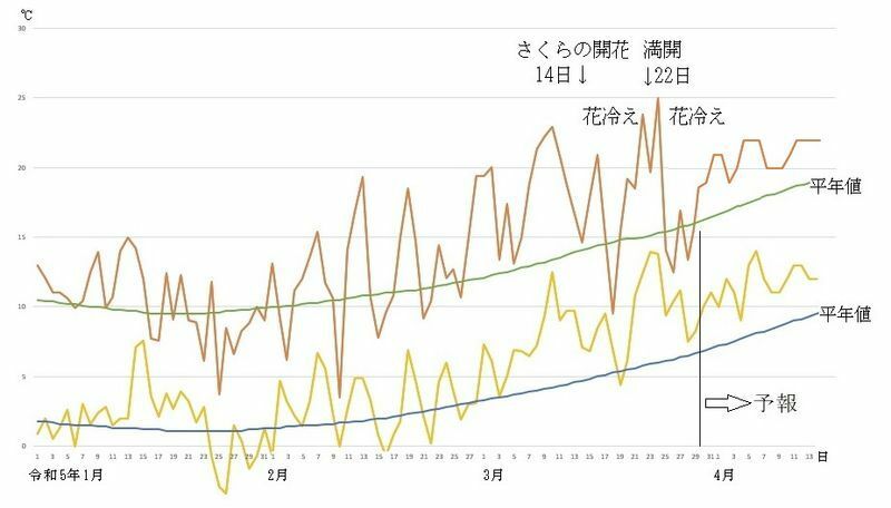 図3　東京の最高気温と最低気温の推移（3月30日～4月5日は気象庁、4月6日～14日はウェザーマップの予報）