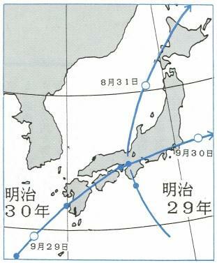 図1　明治29年（1896年）8月の台風と明治30年（1897年）9月の台風の経路