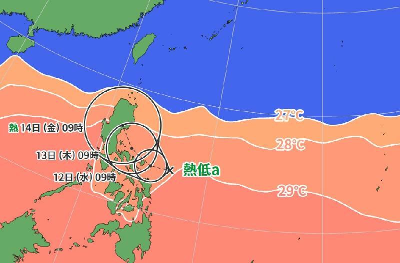 図7　今後24時間以内に台風に発生しそうな熱帯低気圧の進路予報（4月11日9時の予報）