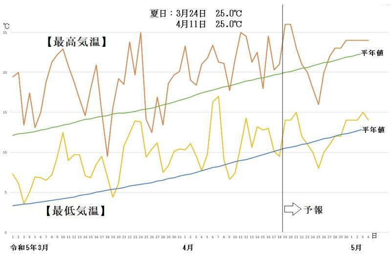 図3　東京の最高気温と最低気温の推移（4月19日～5月4日はウェザーマップの予報）