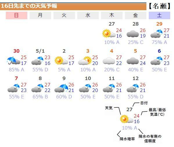 図6　鹿児島県奄美大島の名瀬の16日先までの天気予報