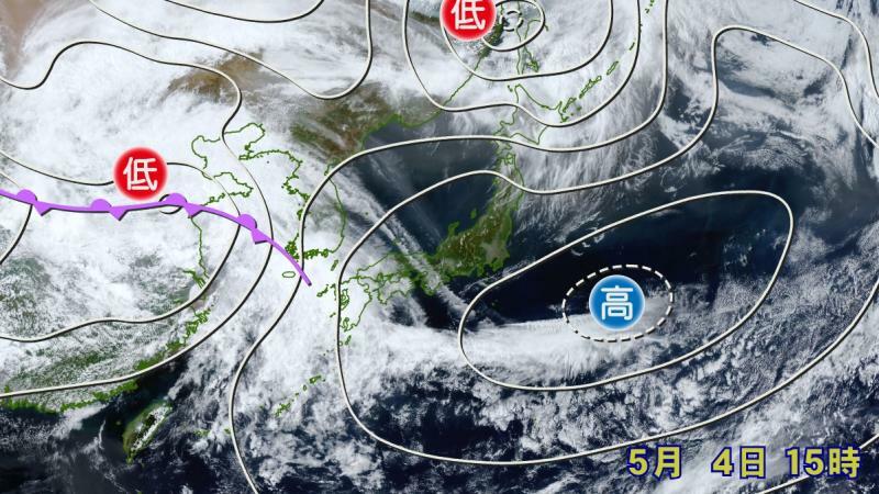 図1　移動性高気圧による東日本を中心とした晴天（5月4日15時）