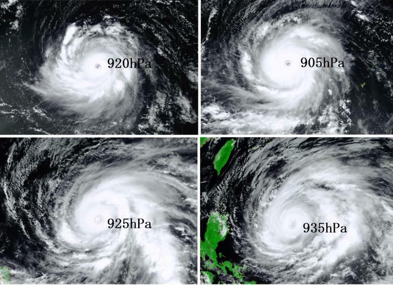 図5　台風2号の眼の変化（左上：5月25日12時、右上：26日12時、左下：27日12時、右下：28日12時）