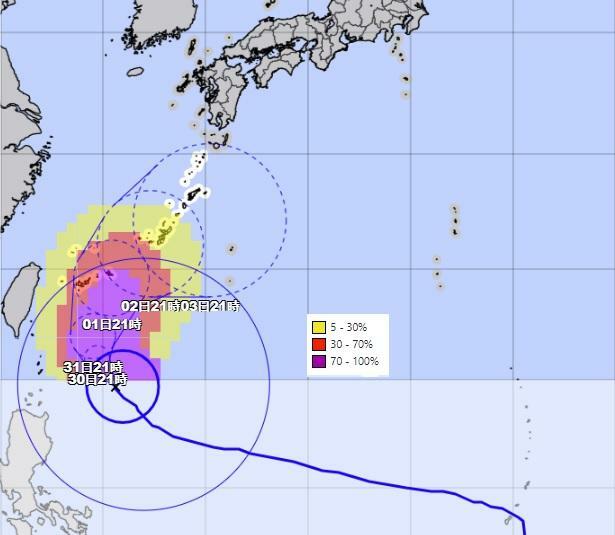 図3　暴風域に入る確率の面的情報（5月29日21時の台風予報をもとにした4日先までの確率）