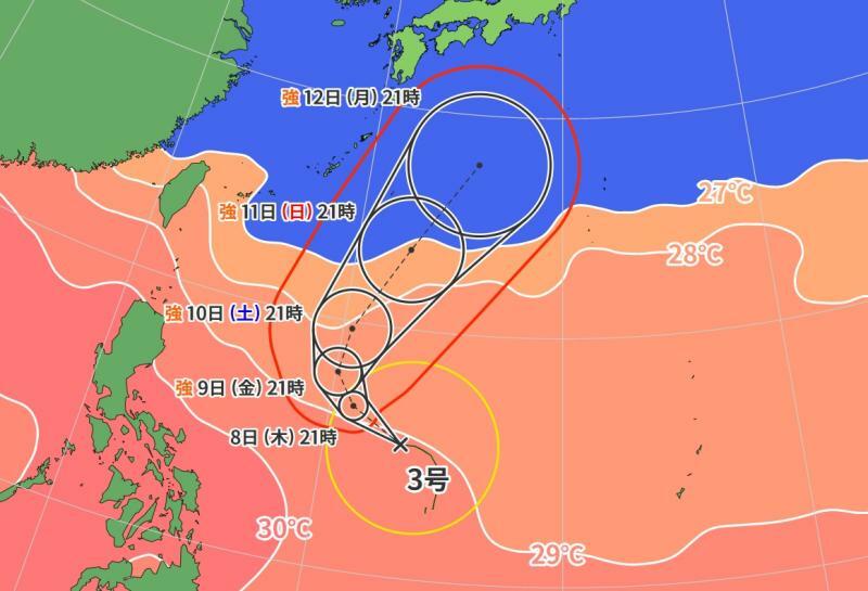 図5　台風3号の進路予報と海面水温（6月7日21時）