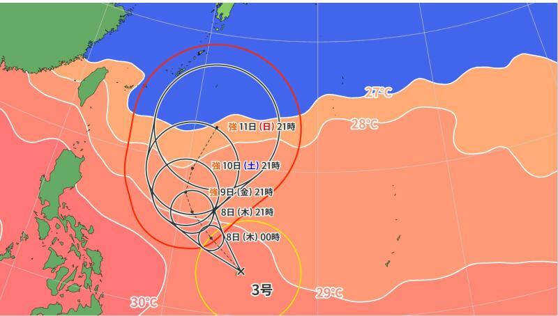 図1　台風3号の進路予報と海面水温（6月7日0時）