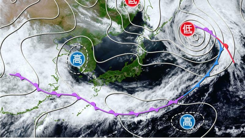 図1　沖縄付近の梅雨前線に伴う東西にのびる雲と東日本を中心とした晴天域（6月17日12時）