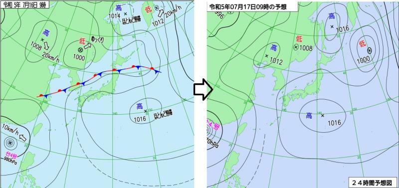 図2　地上天気図（7月16日9時）と予想天気図（7月17日9時の予想）
