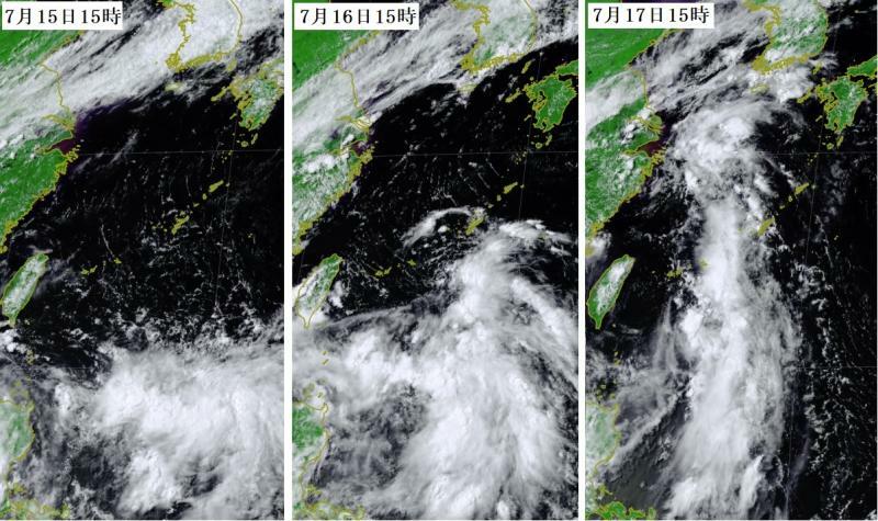 図6　北上する熱帯起源の雲の帯（左から7月15日15時、7月16日15時、7月17日15時）