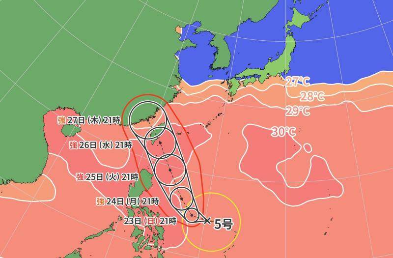 図3　台風5号の進路予報（7月22日21時の予報）