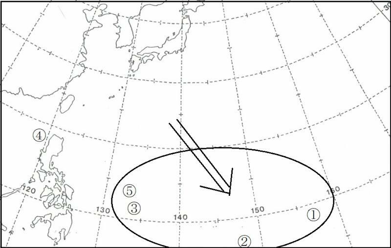 図8　エルニーニョ現象時の台風発生海域（令和5年（2023年）、丸数字は台風番号）