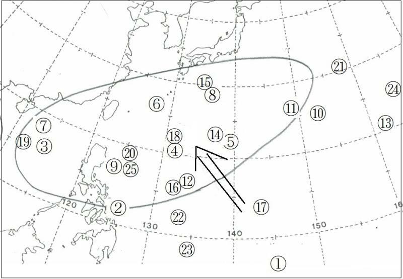 図7　ラニーニャ現象時の台風発生海域（令和4年（2022年）、丸数字は台風番号）