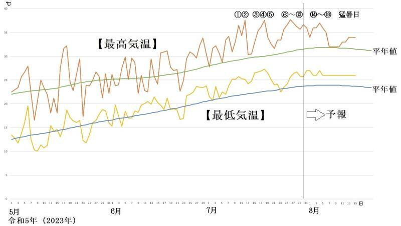 図3　東京の最高気温と最低気温の推移（7月31日～8月6日は気象庁、8月7日～8月15日はウェザーマップの予報）