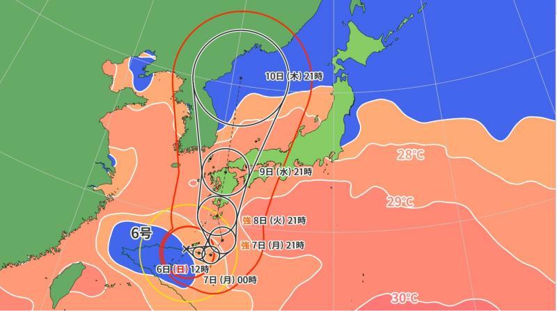 図4　台風6号の進路予報と海面水温（8月6日0時）