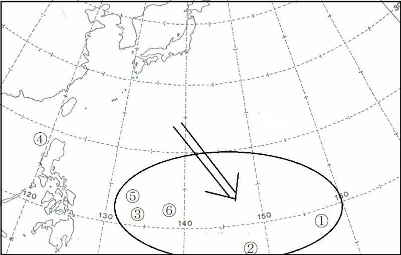 図4　エルニーニョ現象時の台風発生海域（令和5年（2023年）の台風1号～台風6号）