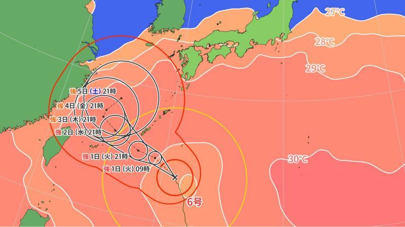図2　台風6号の進路予報と海面水温（7月31日21時）