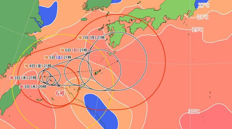 図4　台風6号の進路予報と海面水温（8月2日21時）