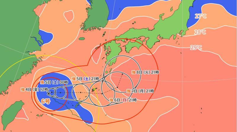 図5　台風6号の進路予報と海面水温（8月4日0時）