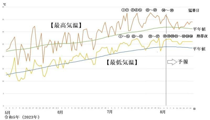 図3　東京の最高気温と最低気温の推移（8月5日～11日は気象庁、8月12日～20日はウェザーマップの予報）