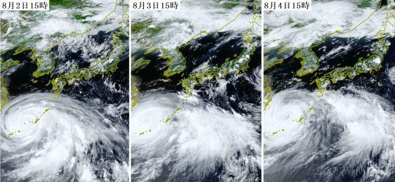 図7　動きの遅い台風6号の円形の雲と日本の南を北上している雲の塊（8月2日～4日）