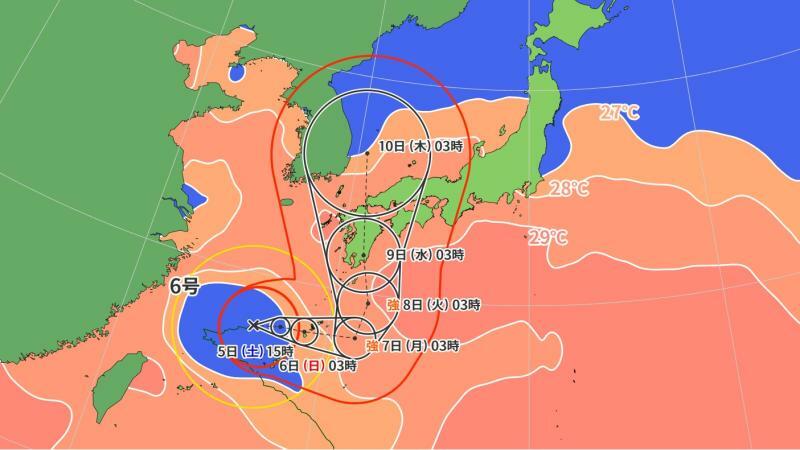 図5　台風6号の進路予報と海面水温（8月5日3時）