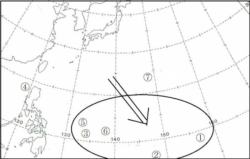図5　エルニーニョ現象時の台風発生海域（令和5年（2023年）の台風1号～台風7号、丸数字が台風番号）