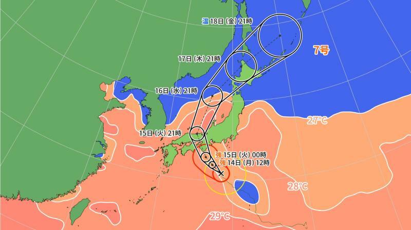 図1　台風7号の進路予報と海面水温（8月14日0時）