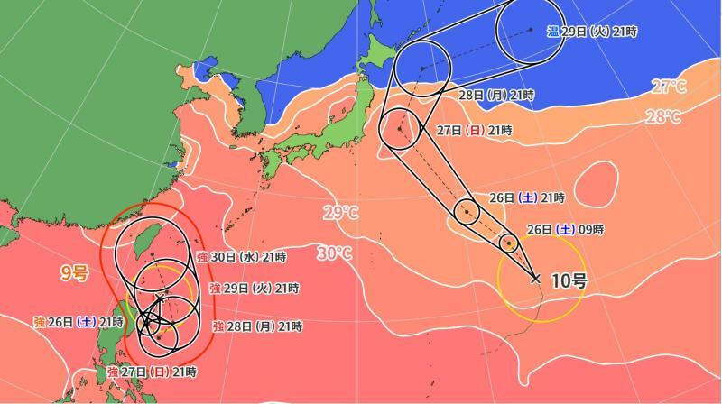 図6　台風9号と台風10号の進路予報と海面水温（8月25日21時）